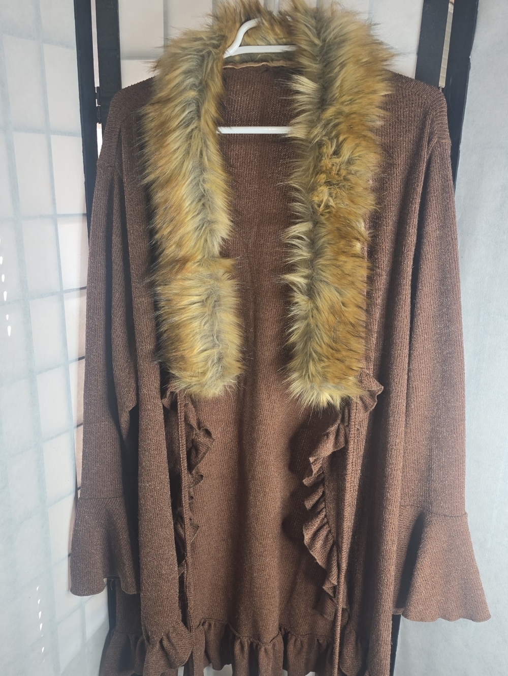 SHEIN Brown Open-Front Cardigan with Faux Fur Trim